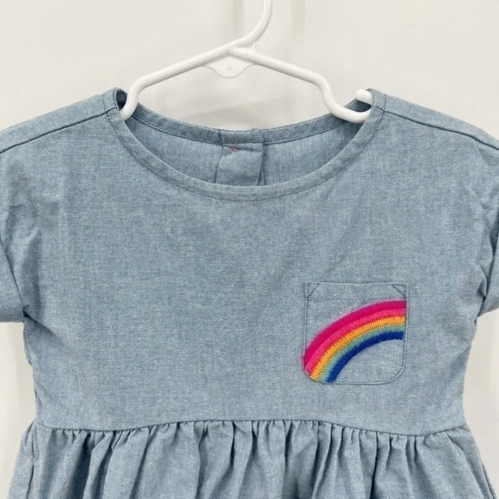 Gymboree Rainbow Pocket Chambray Denim Dress Button Back EUC